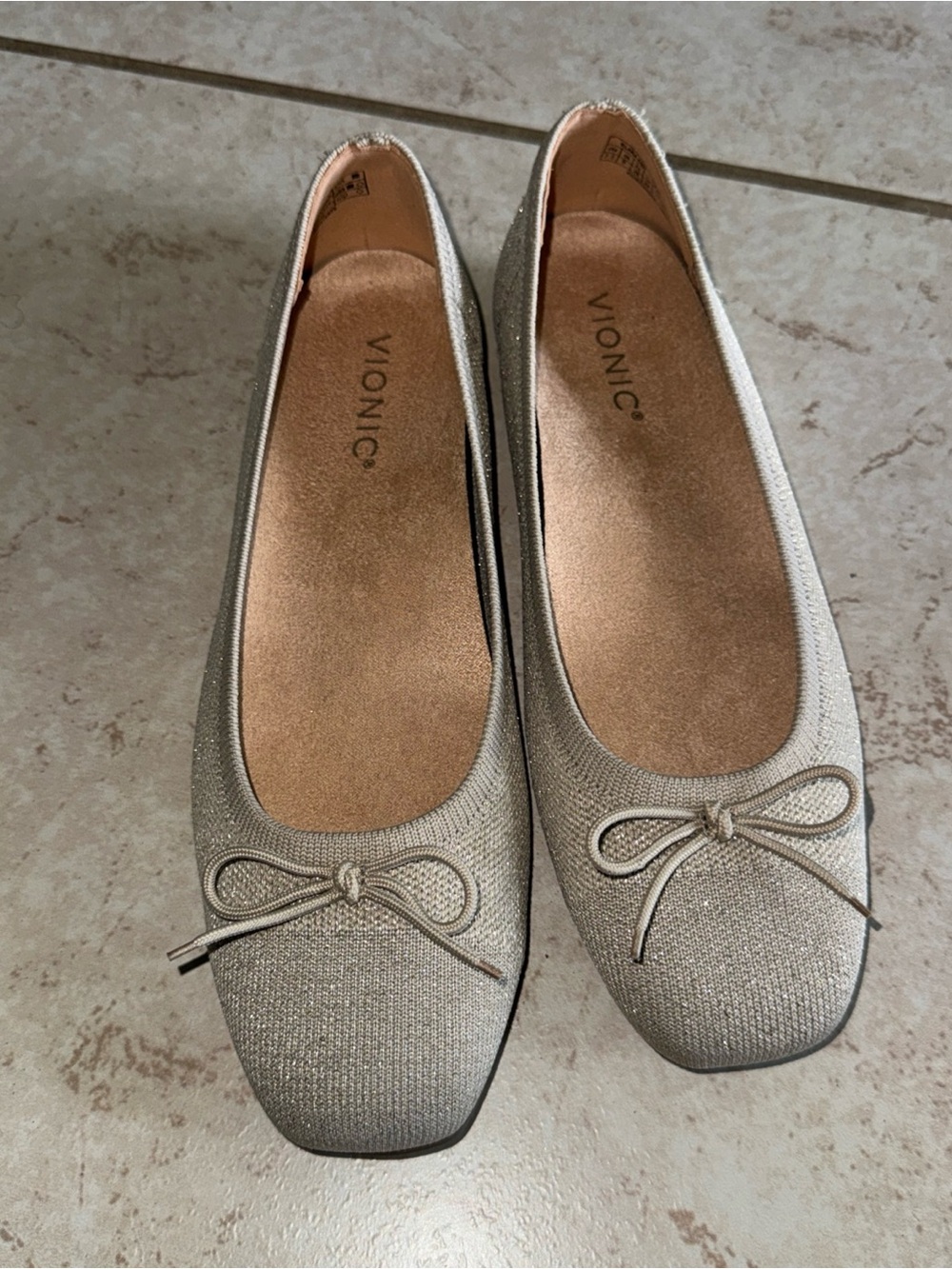 Vionic Womens Shimmery Champagne Bow Ballet Flats